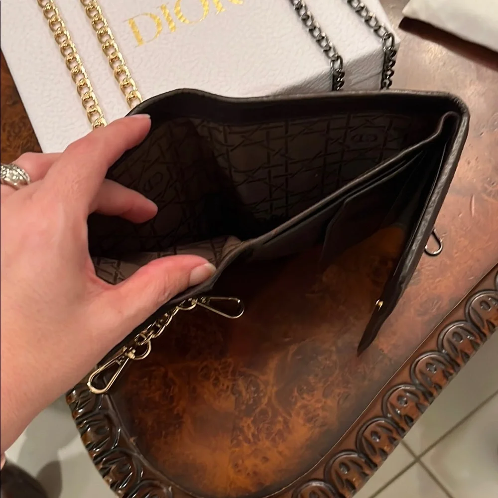 Dior Quilted leather Wallet Chocolate Brown with Gold chain crossbody